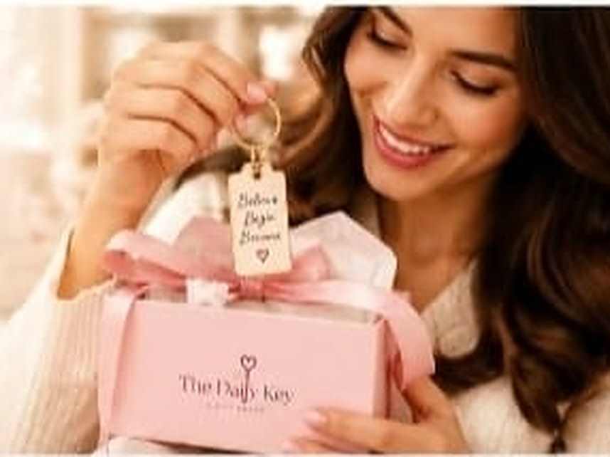 A woman smiling as she lifts a keychain tag from a blush gift box