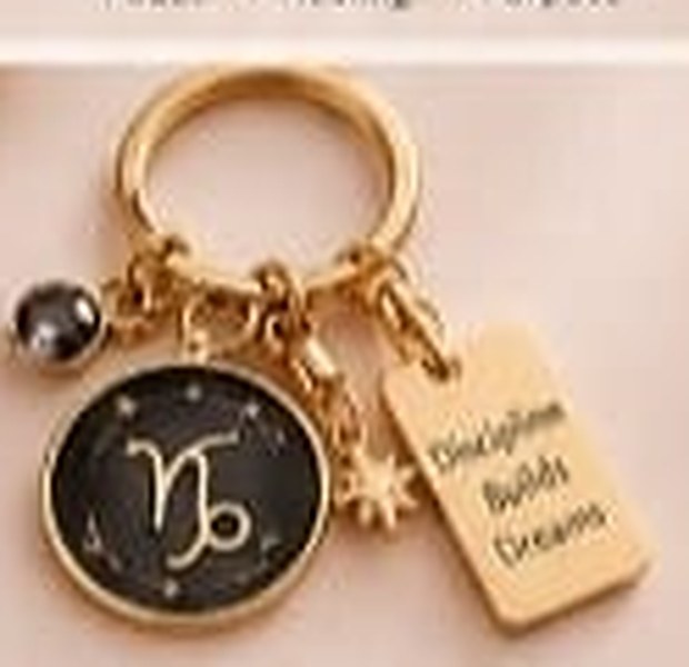 Capricorn zodiac keychain with a gold ring, enamel sign disc, crystal, star charm and tag reading Discipline Builds Dreams
