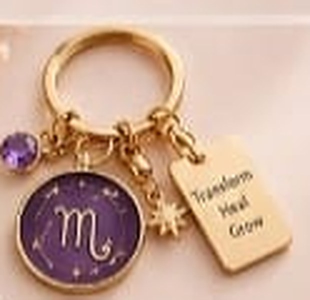 Scorpio zodiac keychain with a gold ring, enamel sign disc, crystal, star charm and tag reading Transform Heal Grow